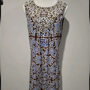 Tory Burch Stunning Beaded Brown and Blue Patterned Flowy Dress!  Size 10